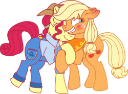 Size: 783x577 | Tagged: safe, artist:musical-medic, applejack, torque wrench, pony, g4, my little pony: rainbow roadtrip, apple wrench, blushing, female, lesbian, shipping, simple background, transparent background