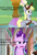 Size: 615x900 | Tagged: safe, edit, edited screencap, editor:korora, screencap, derpy hooves, starlight glimmer, pony, a matter of principals, g4, my little pony: friendship is magic, the point of no return, angry, cropped, dialogue, envelope, hat, implied firelight, mailmare hat, mailpony uniform, school of friendship, starlight glimmer is not amused, uh oh, unamused