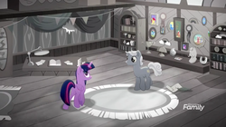 Size: 1366x766 | Tagged: safe, screencap, sunny skies, twilight sparkle, alicorn, pony, g4, rainbow roadtrip, banner, book, bust, butt, carpet, desaturated, desk, discovery family logo, grayscale, hope hollow, lamp, monochrome, photos, picture frame, plot, quill pen, ribbon, rug, scroll, shelf, spider web, table, trophy, twilight sparkle (alicorn)