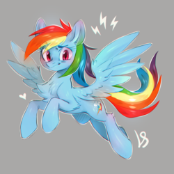 Size: 1000x1000 | Tagged: safe, artist:ls_skylight, rainbow dash, pegasus, pony, g4, backwards cutie mark, chest fluff, cute, dashabetes, eye clipping through hair, eyebrows, eyebrows visible through hair, female, flying, gray background, heart, lightning, looking at you, mare, simple background, smiling, smiling at you, solo, spread wings, wings