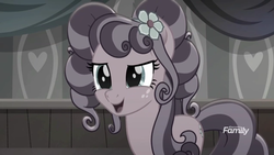 Size: 1360x768 | Tagged: safe, screencap, petunia petals, earth pony, pony, g4, rainbow roadtrip, confident, desaturated, discovery family logo, female, flower, grayscale, mare, monochrome, solo
