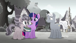 Size: 1366x768 | Tagged: safe, screencap, petunia petals, sunny skies, twilight sparkle, alicorn, earth pony, pony, unicorn, g4, my little pony: rainbow roadtrip, building, cute, desaturated, discovery family logo, female, folded wings, freckles, grayscale, hope hollow, house, looking at each other, male, mare, monochrome, open mouth, rainbow generator, saddle bag, stallion, tree, twiabetes, twilight sparkle (alicorn), wings, worried