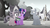 Size: 1366x768 | Tagged: safe, screencap, petunia petals, sunny skies, twilight sparkle, alicorn, earth pony, pony, unicorn, g4, my little pony: friendship is magic, my little pony: rainbow roadtrip, building, cute, desaturated, discovery family logo, female, folded wings, freckles, grayscale, hope hollow, house, looking at each other, male, mare, monochrome, open mouth, rainbow generator, saddle bag, stallion, tree, twiabetes, twilight sparkle (alicorn), wings, worried