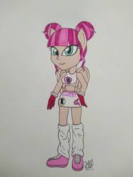 Size: 780x1040 | Tagged: safe, artist:hiroultimate, majorette, sweeten sour, equestria girls, g4, my little pony equestria girls: friendship games, clothes, exeron fighters, exeron gloves, exeron outfit, midriff, skirt, sports bra
