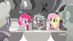 Size: 1366x768 | Tagged: safe, screencap, fluttershy, moody root, mr. hoofington, mrs. hoofington, pinkie pie, g4, my little pony: rainbow roadtrip, apricot, berry, broken, cake, crack, desaturated, discovery family logo, food, grayscale, happy, hoofingtons, mansion, monochrome, plank, table, tablecloth