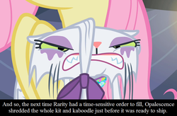 Size: 800x525 | Tagged: safe, edit, edited screencap, editor:korora, screencap, fluttershy, opalescence, g4, sweet and elite, angry, bow, caption, implied rarity, text, wet