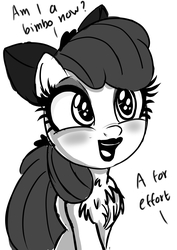 Size: 2480x3508 | Tagged: safe, artist:stammis, apple bloom, earth pony, pony, g4, adorabloom, bimbo, bimboification, chest fluff, cute, female, high res, monochrome, solo