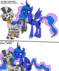 Size: 827x1005 | Tagged: safe, artist:vinny van yiffy, princess luna, zecora, alicorn, pony, zebra, g4, 2 panel comic, bracelet, comic, duo, ear piercing, earring, female, frown, jewelry, lidded eyes, mare, mouthpiece, neck rings, out of character, piercing, quadrupedal, racism, racist joke, simple background, unamused, white background