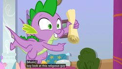 Size: 1920x1080 | Tagged: safe, edit, edited screencap, screencap, spike, dragon, g4, sparkle's seven, caption, meme, religion, scroll, winged spike, wings, youtube caption