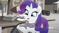 Size: 1366x768 | Tagged: safe, screencap, rarity, pony, g4, my little pony: rainbow roadtrip, barrel, clothes, desaturated, discovery family logo, female, grayscale, hat, hope hollow, kerchief, mare, monochrome, solo