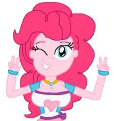 Size: 513x543 | Tagged: safe, artist:logan jones, pinkie pie, equestria girls, g4, adorasexy, breasts, busty pinkie pie, cute, double peace sign, element of laughter, female, jewelry, necklace, one eye closed, sexy, simple background, smiling, transparent background, wink