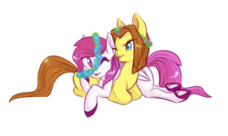 Size: 2000x1200 | Tagged: safe, artist:hippykat13, artist:sabokat, oc, oc only, oc:heartbeat, oc:michpone, earth pony, pegasus, pony, :p, couple, cuddling, cute, floral head wreath, flower, frog (hoof), hooves, one eye closed, simple background, tongue out, transparent background, underhoof, wink