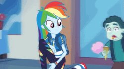 Size: 974x540 | Tagged: safe, screencap, mint chip, rainbow dash, equestria girls, g4, my little pony equestria girls: better together, run to break free, animated, background human, cute, dashabetes, dropped ice cream, female, food, geode of super speed, gif, ice cream, magical geodes, male, shoes, sneakers