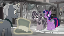 Size: 1366x768 | Tagged: safe, screencap, petunia petals, sunny skies, twilight sparkle, alicorn, earth pony, pony, unicorn, g4, my little pony: rainbow roadtrip, banner, book, carpet, colored wings, desaturated, discovery family logo, female, glass case, grayscale, hat, hope hollow, levitation, magic, male, mare, monochrome, multicolored wings, picture frame, rainbow wings, shelf, stallion, telekinesis, top hat, trophy, twilight sparkle (alicorn), wings