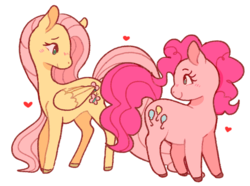 Size: 846x631 | Tagged: safe, artist:doekis, fluttershy, pinkie pie, earth pony, pegasus, pony, g4, blushing, eye contact, female, folded wings, heart, lesbian, looking at each other, mare, outline, ship:flutterpie, shipping, simple background, smiling, standing, transparent background, turned head, white outline, wings