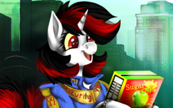 Size: 1920x1200 | Tagged: safe, artist:brainiac, oc, oc only, oc:blackjack, pony, unicorn, fallout equestria, fallout equestria: project horizons, armor, cereal, clothes, colored sclera, commission, cute, fanfic, fanfic art, female, food, hooves, horn, jumpsuit, mare, ocbetes, open mouth, patreon, patreon reward, security armor, solo, sugar apple bombs, text, vault security armor, vault suit, yellow sclera