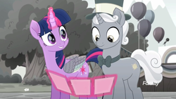 Size: 1366x768 | Tagged: safe, screencap, sunny skies, twilight sparkle, alicorn, pony, unicorn, g4, my little pony: rainbow roadtrip, balloon, bowtie, colored wings, desaturated, discovery family logo, female, grayscale, hat, levitation, magic, male, mare, monochrome, multicolored wings, photos, rainbow wings, stallion, telekinesis, top hat, tree, twilight sparkle (alicorn), wing bling, wings