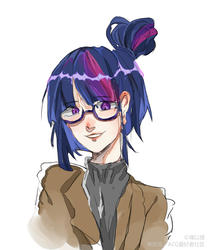 Size: 5000x6000 | Tagged: dead source, safe, alternate version, artist:琿以理, sci-twi, twilight sparkle, equestria girls, g4, alternate hairstyle, female, glasses, looking at you, simple background, solo, white background