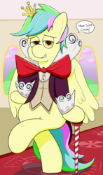 Size: 1832x3124 | Tagged: safe, artist:flavorful_sweets, oc, oc:flavorful sweets, pegasus, pony, bowtie, cane, clothes, cosplay, costume, crossed legs, crown, jewelry, king candy, regalia, solo, wreck-it ralph