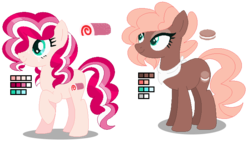 Size: 733x423 | Tagged: safe, artist:awoomarblesoda, oc, oc only, oc:strawberry swiss, oc:suzy q, earth pony, pony, base used, female, mare, offspring, parent:cheese sandwich, parent:pinkie pie, parents:cheesepie, reference sheet, simple background, transparent background