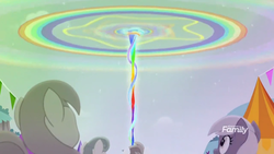 Size: 1366x768 | Tagged: safe, screencap, earth pony, pony, g4, rainbow roadtrip, background pony, crowd, desaturated, discovery family logo, energy, female, hope hollow, looking up, magic, mare, rainbow power, tent, unnamed character, unnamed pony