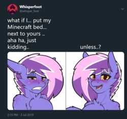 Size: 1067x1002 | Tagged: safe, artist:whisperfoot, oc, oc only, oc:berry frost, pony, blushing, embarrassed, freckles, looking at you, meme, minecraft, minecraft bed meme, shoulder freckles, solo