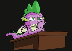 Size: 1280x896 | Tagged: safe, artist:cadetredshirt, spike, dragon, g4, bored, cel shading, claws, desk, digital, digital art, hand on cheek, male, meh, scales, simple background, solo, spikes, winged spike, wings