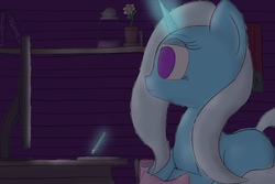 Size: 2415x1613 | Tagged: safe, artist:snezhok42, trixie, pony, g4, atg 2019, drawing, drawing tablet, female, glowing horn, horn, lying, missing cutie mark, newbie artist training grounds, solo, tablet