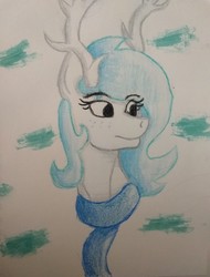 Size: 3024x3986 | Tagged: safe, artist:breeze the peryton, oc, oc:breeze the peryton, deer, hybrid, original species, peryton, art, clothes, crayon, crayon drawing, drawing, high res, photo, scarf, traditional art