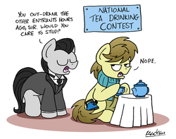 Size: 2083x1641 | Tagged: safe, artist:bobthedalek, oc, oc only, oc:jeeves, oc:kettle master, earth pony, pony, atg 2019, butler, clothes, contest, cup, dialogue, eyes closed, food, hoof hold, male, newbie artist training grounds, nope, open mouth, scarf, sign, sitting, stallion, suit, table, tea, teacup, teapot, that pony sure does love tea, tuxedo