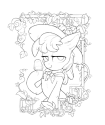 Size: 2232x2658 | Tagged: safe, artist:anotherdeadrat, berry punch, berryshine, earth pony, pony, g4, female, food, glass, grapes, grapevine, high res, lineart, looking at you, monochrome, sketch, solo, trellis, wine glass