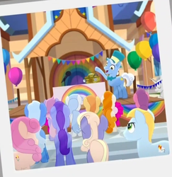 Size: 564x581 | Tagged: safe, screencap, bridle wreath, crystal potion, harvest spice, kersplash, meadow bloom, periwinkle breeze, rocketstar, stargazer, sunny skies, earth pony, pony, unicorn, g4, my little pony: rainbow roadtrip, background pony, background pony audience, balloon, bowtie, cropped, female, happy, hat, male, mare, photo, rainbow generator, stallion, top hat, unnamed character, unnamed pony