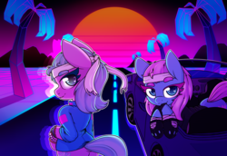 Size: 2500x1716 | Tagged: safe, artist:lockheart, aloe, lotus blossom, earth pony, semi-anthro, g4, aesthetics, arm hooves, car, clothes, duo, female, headband, heart, heart eyes, mare, spa twins, synthwave, wingding eyes