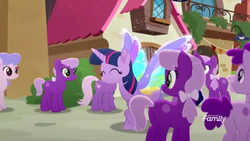 Size: 1366x768 | Tagged: safe, screencap, twilight sparkle, alicorn, earth pony, pony, g4, rainbow roadtrip, background pony, bow, building, butt, clone, colored wings, crowd, discovery family logo, dot cutie mark, female, hair bow, hope hollow, house, male, mare, multicolored wings, plot, purple, purple pony, rainbow wings, stallion, twilight sparkle (alicorn), unnamed character, unnamed pony, wing bling, wings
