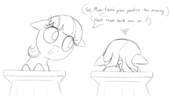 Size: 1831x1000 | Tagged: safe, artist:dtcx97, dinky hooves, tag-a-long, earth pony, pony, unicorn, g4, desk, dialogue, embarrassed, female, filly, implied lesbian, monochrome, sketch