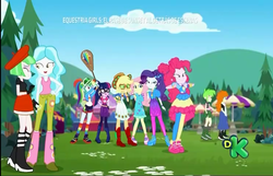 Size: 1120x720 | Tagged: safe, screencap, applejack, cherry crash, drama letter, fluttershy, golden hazel, paisley, pinkie pie, rainbow dash, rarity, sci-twi, twilight sparkle, watermelody, equestria girls, equestria girls specials, g4, my little pony equestria girls: better together, my little pony equestria girls: sunset's backstage pass, applejack's hat, background human, boots, clothes, cowboy hat, discovery family logo, female, glasses, hat, humane five, music festival outfit, pants, ponytail, shoes, sky, sneakers