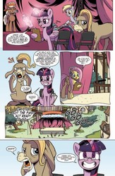 Size: 710x1091 | Tagged: safe, artist:pencils, idw, cranky doodle donkey, derpy hooves, fluttershy, twilight sparkle, alicorn, donkey, earth pony, pegasus, pony, g4, spoiler:comic, spoiler:comic79, glasses, mouth hold, twilight sparkle (alicorn)