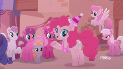Size: 1366x768 | Tagged: safe, screencap, candy breeze, crystal potion, pinkie pie, rarity, skyline sugar, thistle rain, earth pony, pegasus, pony, unicorn, g4, rainbow roadtrip, background pony, crowd, discovery family logo, dot cutie mark, female, filly, flying, hat, lei, male, mare, party hat, pink, pink pony, stallion, unnamed character, unnamed pony