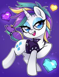 Size: 1366x1798 | Tagged: safe, artist:techycutie, rarity, pony, unicorn, g4, it isn't the mane thing about you, alternate hairstyle, bedroom eyes, chest fluff, clothes, cute, female, gemstones, heart, multicolored hair, punk, raribetes, raripunk, solo