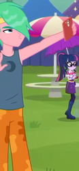 Size: 289x621 | Tagged: safe, screencap, lemon zack, sci-twi, twilight sparkle, equestria girls, equestria girls series, g4, inclement leather, spoiler:choose your own ending (season 2), spoiler:eqg series (season 2), background human, bare arms, cellphone, clothes, cropped, hashtag rain hair don't care, inclement leather: vignette valencia, male, pants, phone, selfie, sleeveless, smartphone, wet