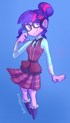 Size: 1171x2048 | Tagged: safe, artist:redpandabobana, sci-twi, twilight sparkle, equestria girls, friendship games, g4, blue background, clothes, colored pupils, crystal prep academy uniform, cute, eye clipping through hair, eyebrows, eyebrows visible through hair, female, glasses, hair bun, pleated skirt, school uniform, simple background, skirt, socks, solo, twiabetes