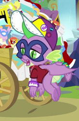 Size: 255x388 | Tagged: safe, screencap, spike, dragon, dragon dropped, g4, cap, claws, comics, cropped, hat, humdrum costume, male, mask, power ponies, solo, tail band, tired, toes, underfoot, winged spike, wings