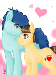 Size: 900x1200 | Tagged: safe, artist:natattack33, curly winds, some blue guy, wiz kid, earth pony, pony, g4, cute, equestria girls ponified, gay, heart, male, one eye closed, ponified, ship:wizwinds, shipping, stallion