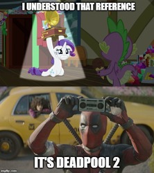Size: 500x562 | Tagged: safe, edit, edited screencap, screencap, rarity, spike, dragon, pony, unicorn, dragon dropped, g4, deadpool, deadpool 2, female, i understood that reference, kneeling, male, mare, meme, op is wrong, say anything, text, winged spike, wings
