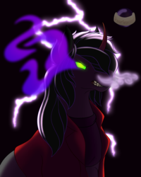 Size: 2500x3125 | Tagged: safe, artist:glowpearlescent, artist:pearlescent, king sombra, pony, umbrum, unicorn, g4, au?, clothes, dark, high res, jacket, leather jacket, lightning, male, smoke, solo, sombra eyes
