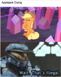 Size: 552x698 | Tagged: safe, edit, edited screencap, screencap, applejack, earth pony, pony, g4, hearthbreakers, applejack cries on the inside, applejack's hat, cowboy hat, crying, crying on the outside, crystal, female, halo, hat, leonard church, mare, meme, red vs blue, wait that's illegal