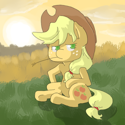 Size: 700x700 | Tagged: safe, artist:shrimpshogun, derpibooru exclusive, applejack, earth pony, pony, g4, cloud, female, freckles, hat, looking at you, sitting, solo, straw in mouth, sun
