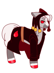 Size: 370x500 | Tagged: safe, artist:guidomista, derpibooru exclusive, earth pony, pony, anime, blaze (coat marking), chibi, clothes, coat, coat markings, crossover, cute, dappled, dappled grey, facial markings, goth, gray, hat, jojo, jojo's bizarre adventure, male, ponified, red eyes, risotto nero, solo, spots, spotted, stallion, trenchcoat, white hair, white mane