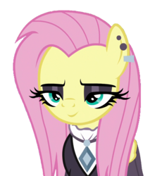 Size: 849x924 | Tagged: safe, edit, edited screencap, screencap, fluttershy, pegasus, pony, fake it 'til you make it, g4, background removed, female, fluttergoth, inverted mouth, simple background, smiling, smirk, solo, white background
