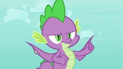 Size: 1280x720 | Tagged: safe, screencap, spike, dragon, g4, molt down, cloud, fist, looking at you, male, sky, spread wings, winged spike, wings